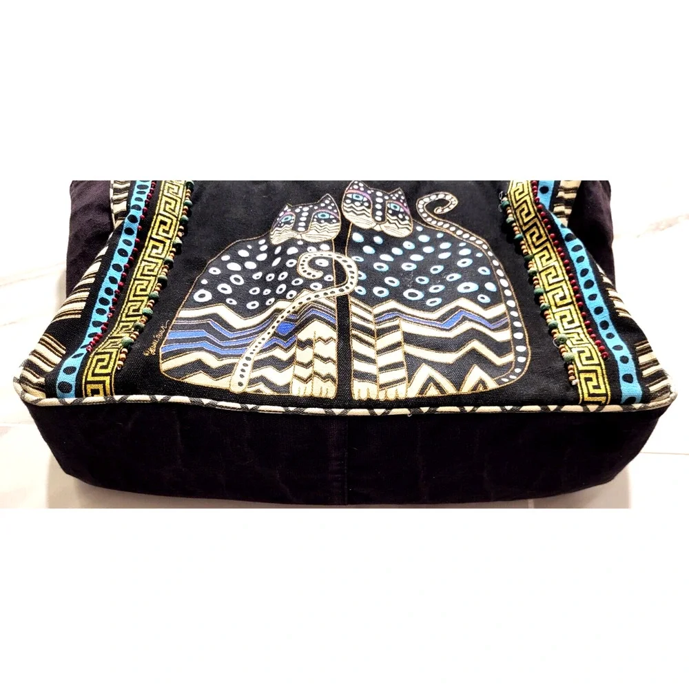 Laurel Burch Black Cotton Cat Tote Bead Trim Gold Braid Double Handles 16x9x4.5